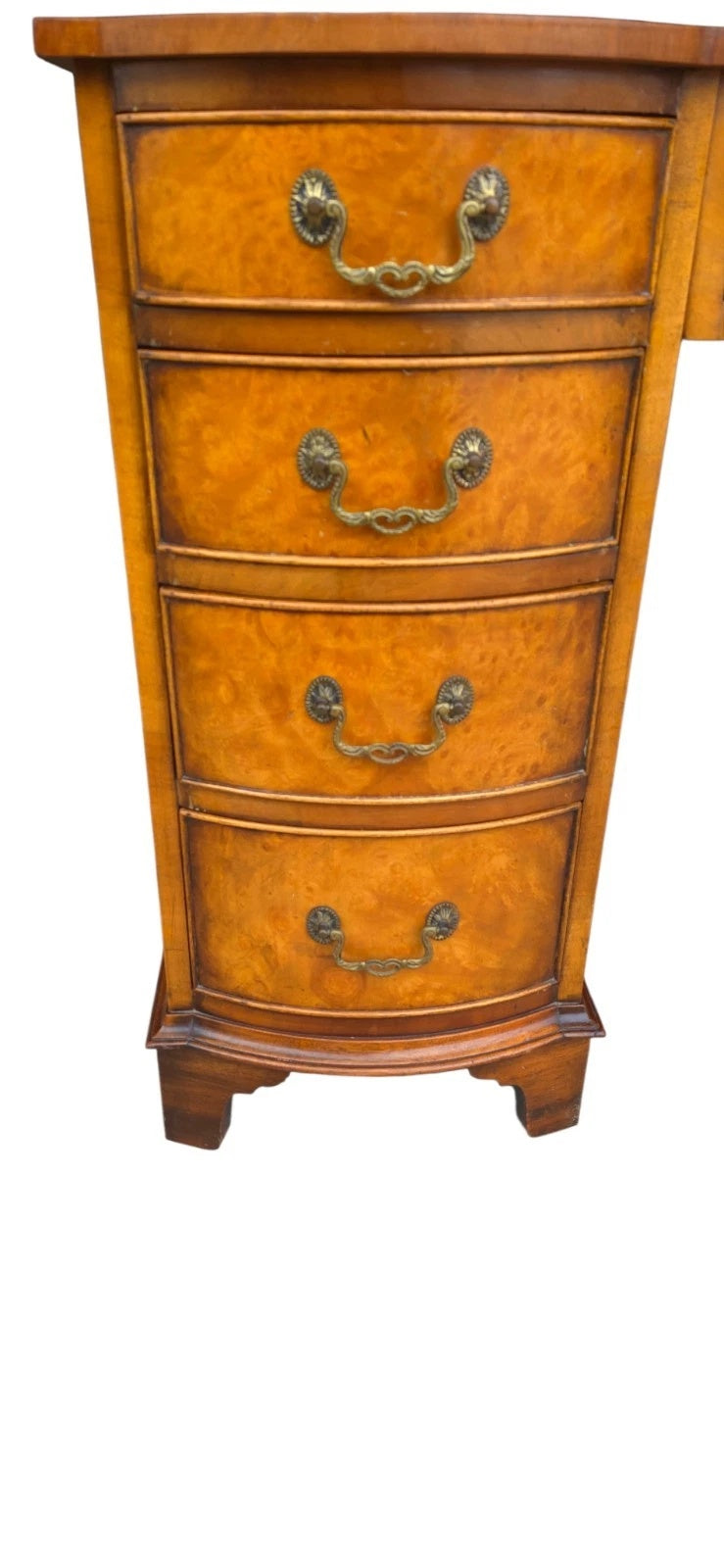 Vintage Burr Walnut Red Leather Top  Serpentine Front Pedestal Writing Desk