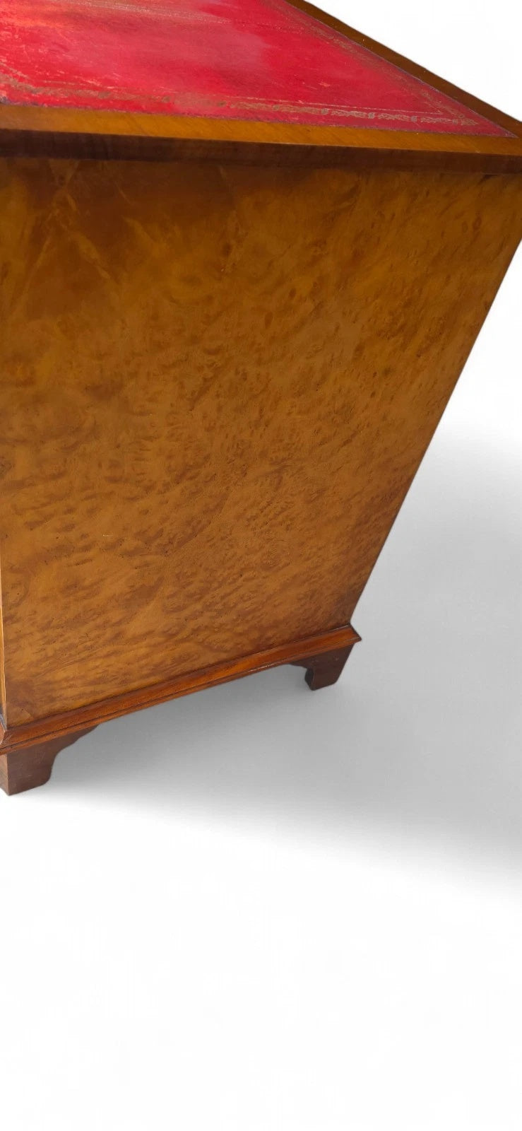 Vintage Burr Walnut Red Leather Top  Serpentine Front Pedestal Writing Desk