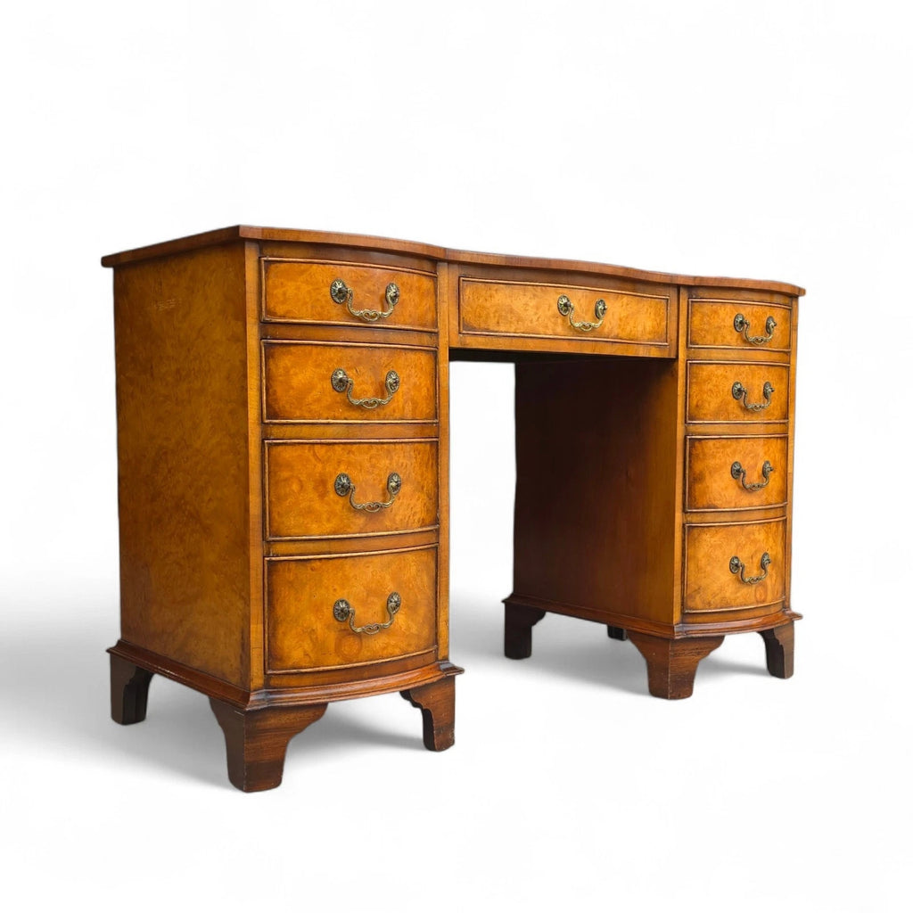 Vintage Burr Walnut Red Leather Top  Serpentine Front Pedestal Writing Desk