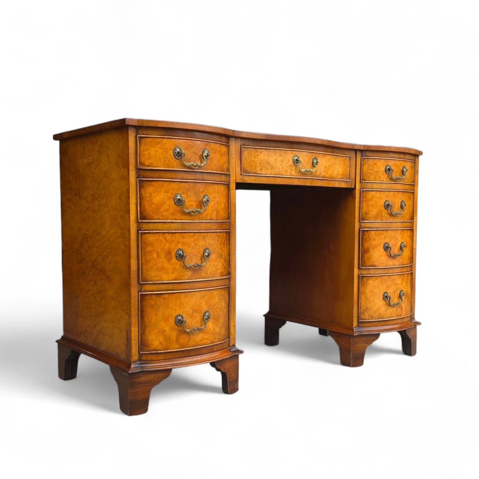 Vintage Burr Walnut Red Leather Top  Serpentine Front Pedestal Writing Desk