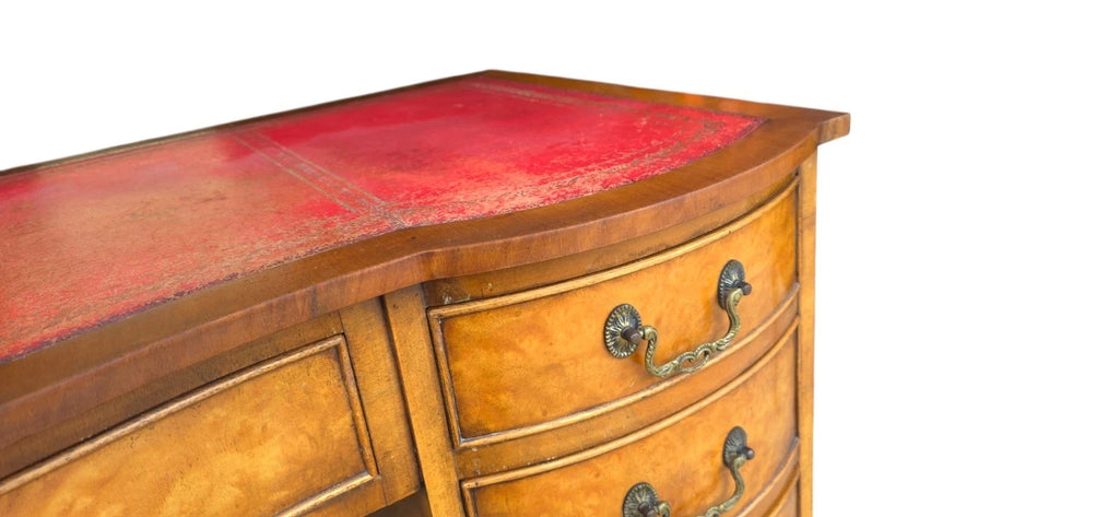Vintage Burr Walnut Red Leather Top  Serpentine Front Pedestal Writing Desk