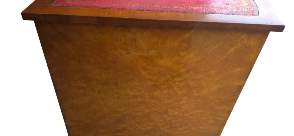 Vintage Burr Walnut Red Leather Top  Serpentine Front Pedestal Writing Desk