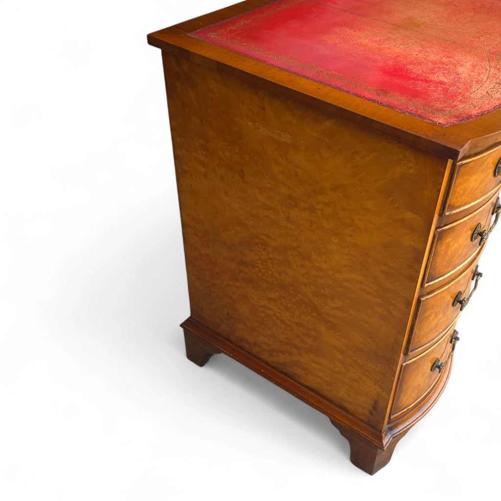 Vintage Burr Walnut Red Leather Top  Serpentine Front Pedestal Writing Desk