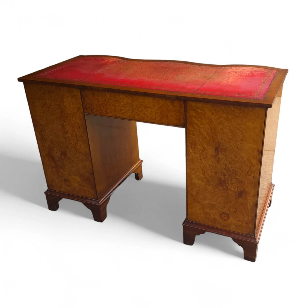 Vintage Burr Walnut Red Leather Top  Serpentine Front Pedestal Writing Desk