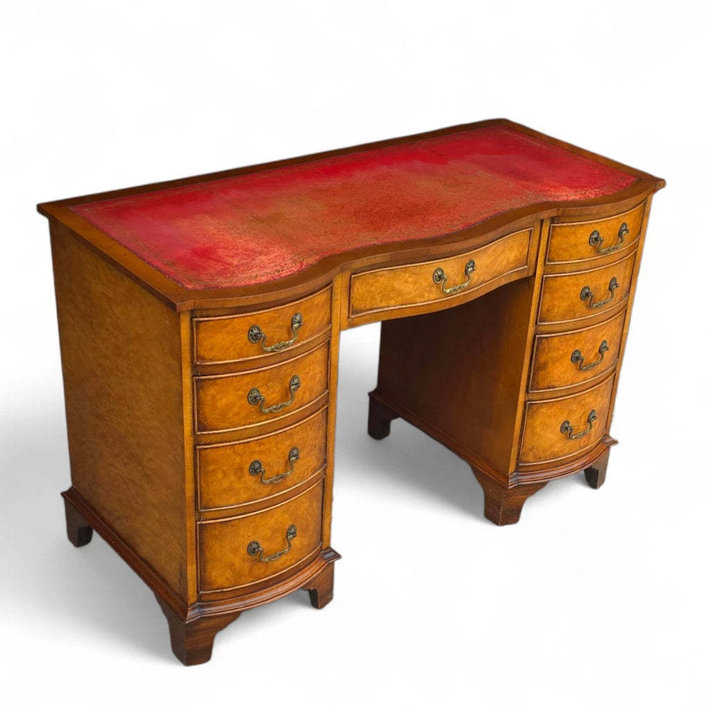 Vintage Burr Walnut Red Leather Top  Serpentine Front Pedestal Writing Desk