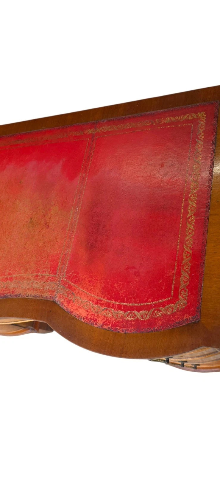 Vintage Burr Walnut Red Leather Top  Serpentine Front Pedestal Writing Desk