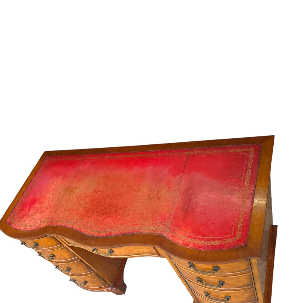Vintage Burr Walnut Red Leather Top  Serpentine Front Pedestal Writing Desk