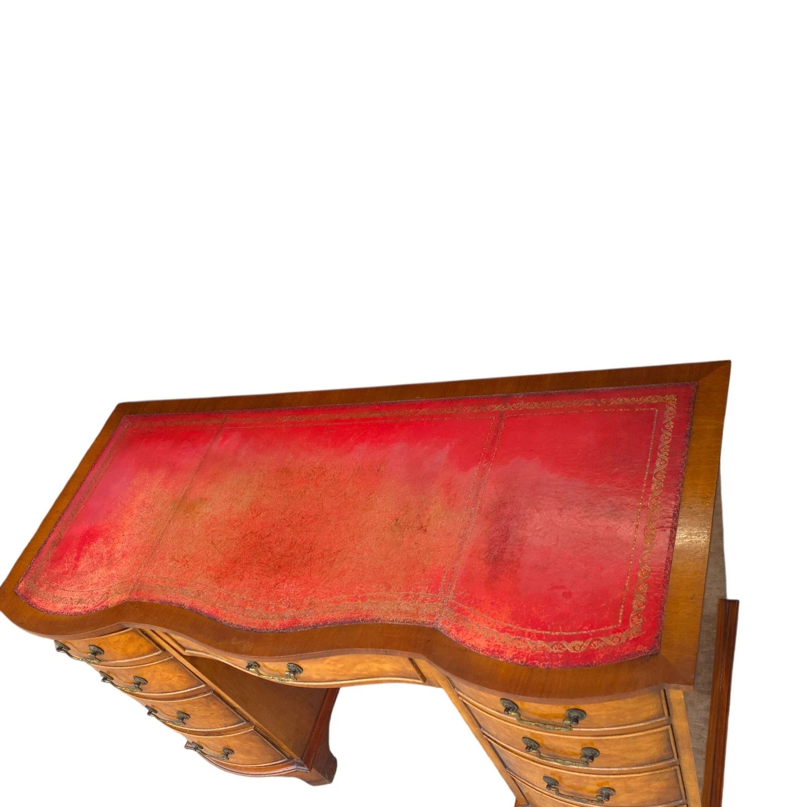 Vintage Burr Walnut Red Leather Top  Serpentine Front Pedestal Writing Desk