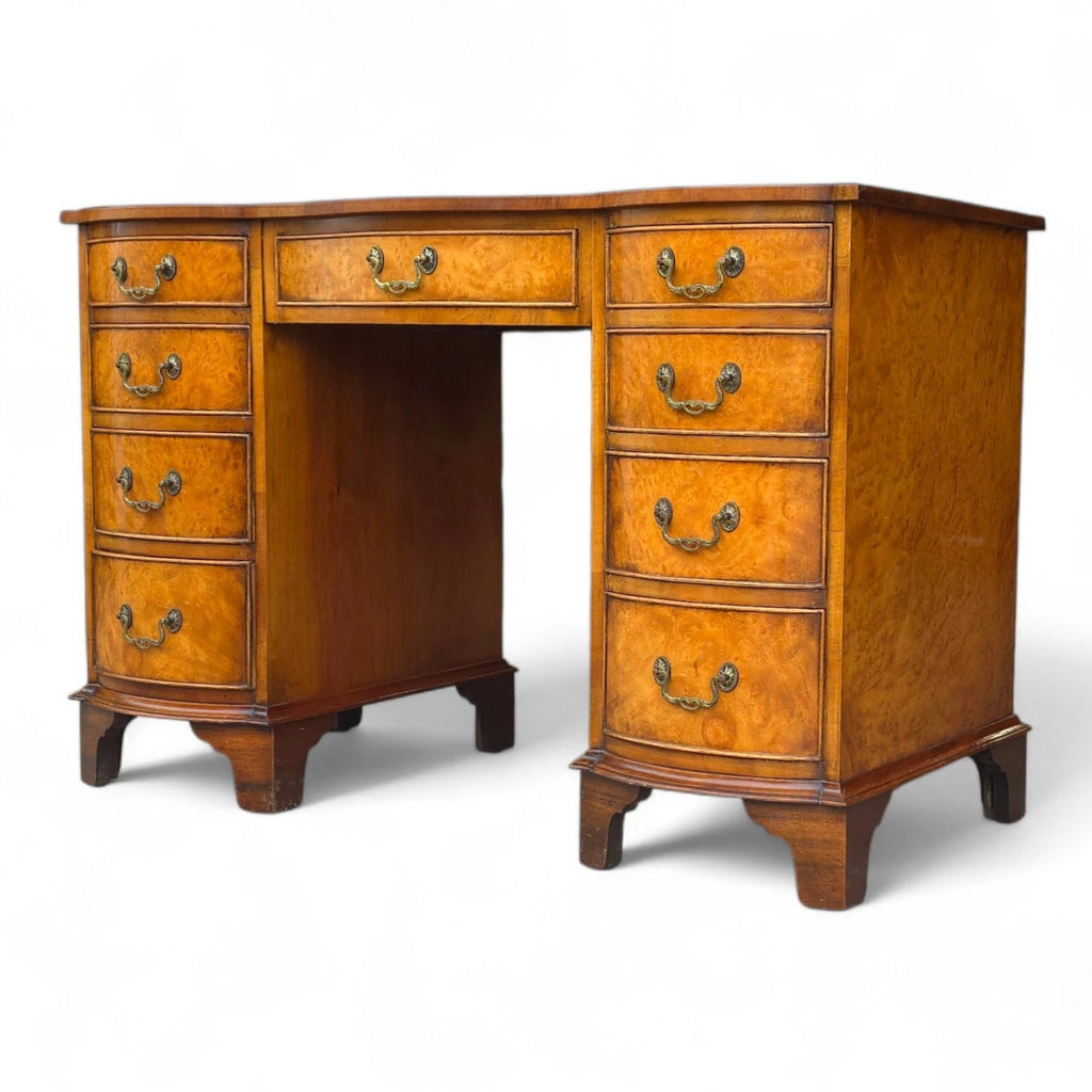 Vintage Burr Walnut Red Leather Top  Serpentine Front Pedestal Writing Desk