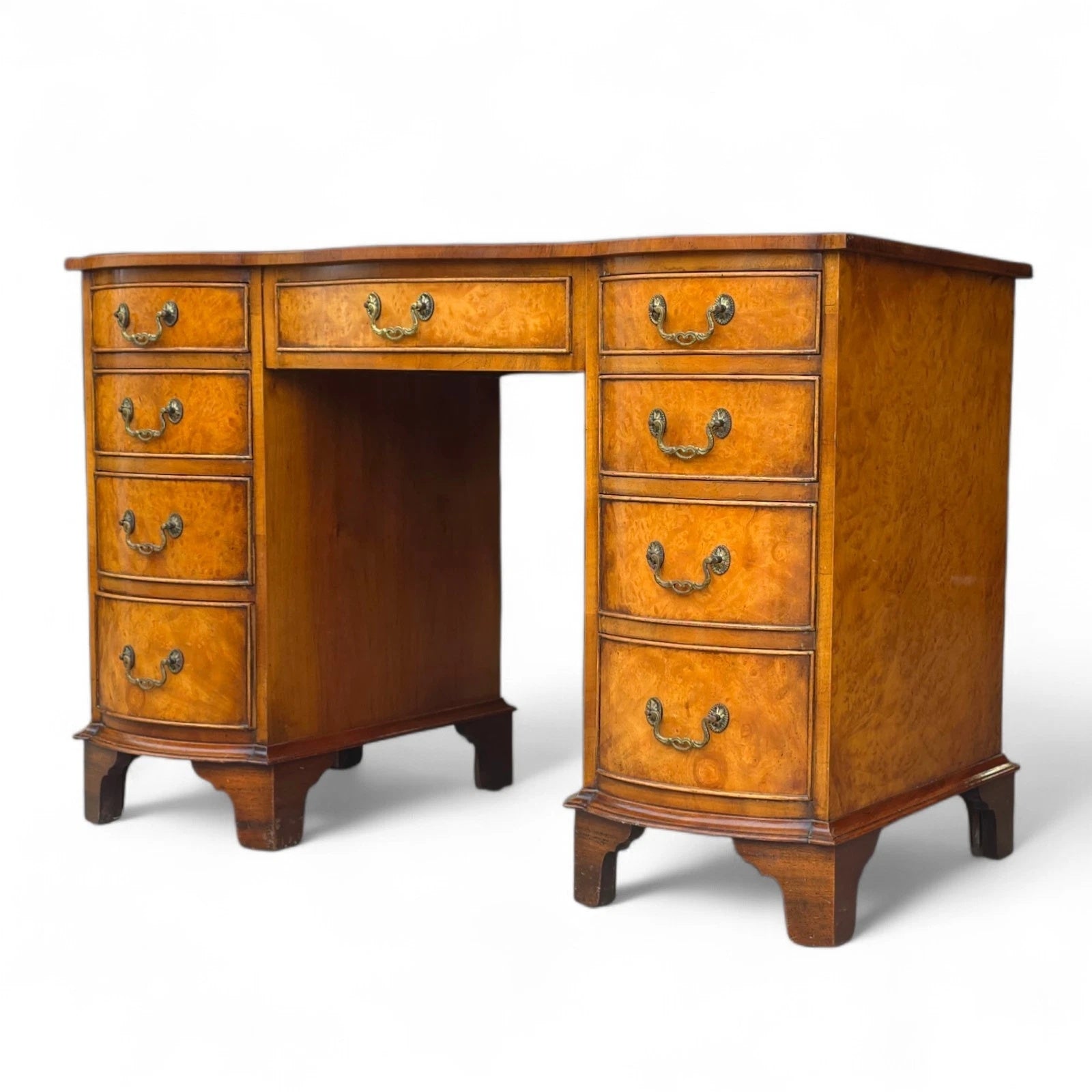 Vintage Burr Walnut Red Leather Top  Serpentine Front Pedestal Writing Desk
