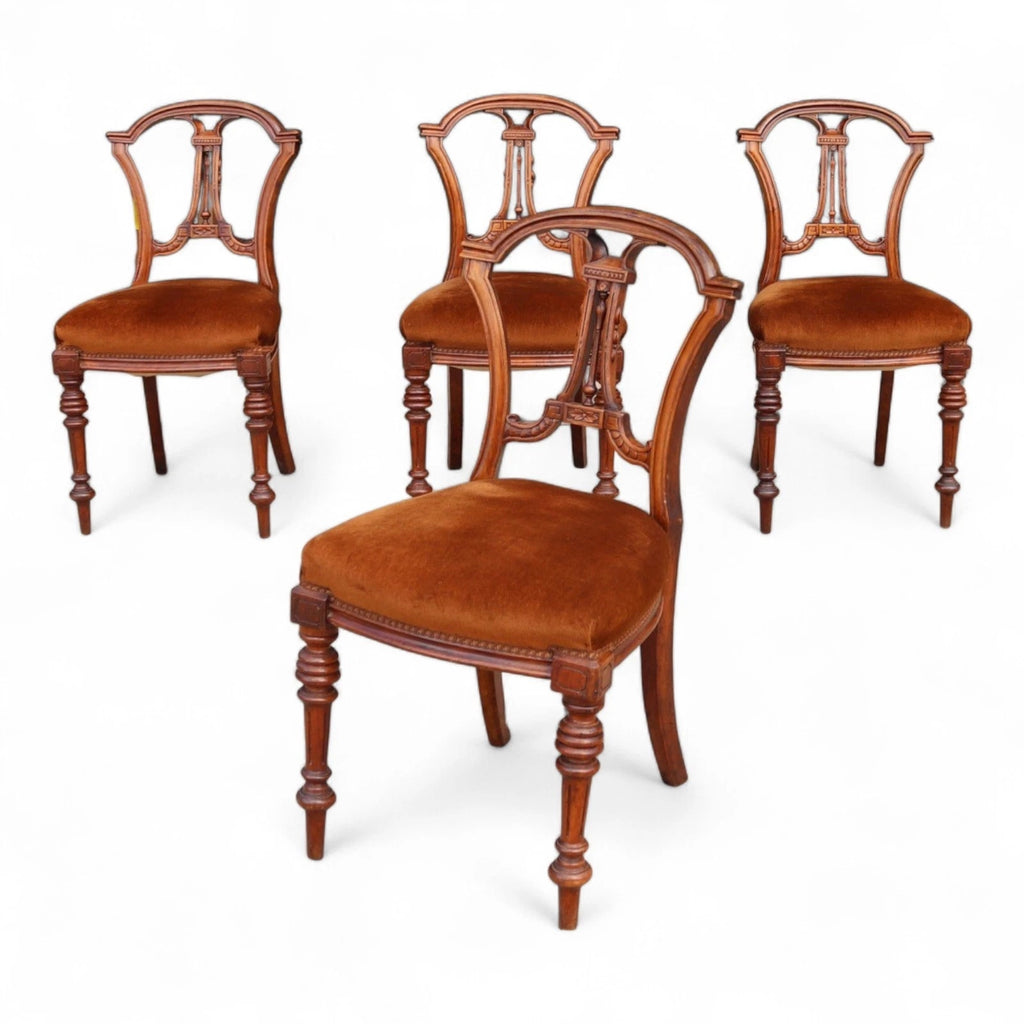 Antique Set of 4 Victorian Mahogany Open Back Carved Dining Chairs - Circa 1870