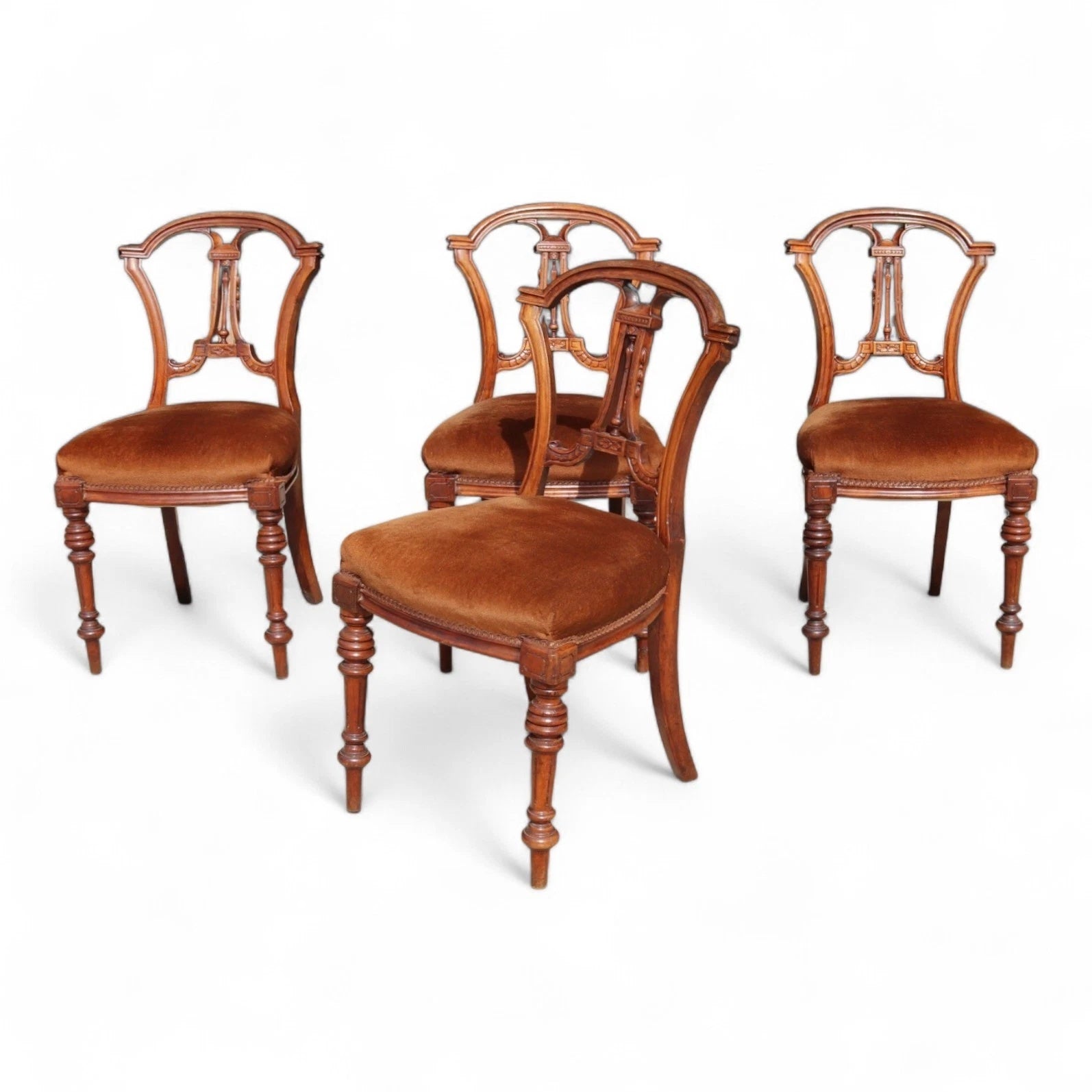 Antique Set of 4 Victorian Mahogany Open Back Carved Dining Chairs - Circa 1870