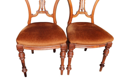 Antique Set of 4 Victorian Mahogany Open Back Carved Dining Chairs - Circa 1870