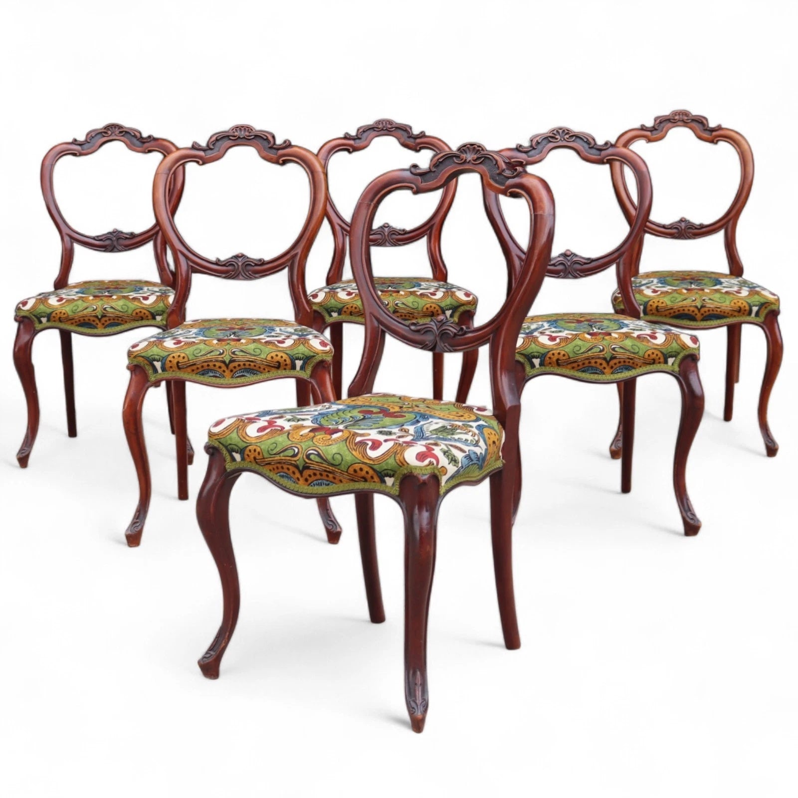 Set of 6 Antique Victorian Mahogany Balloon Back Dining Chairs Cabriole Legs