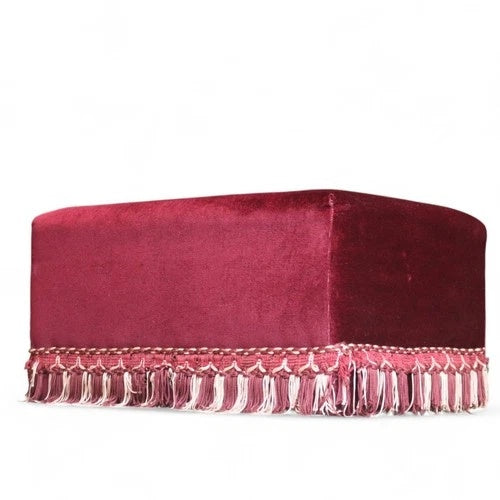 Vintage Claret Velvet Footstool Ottoman – Victorian Style Bullion Fringe Trim
