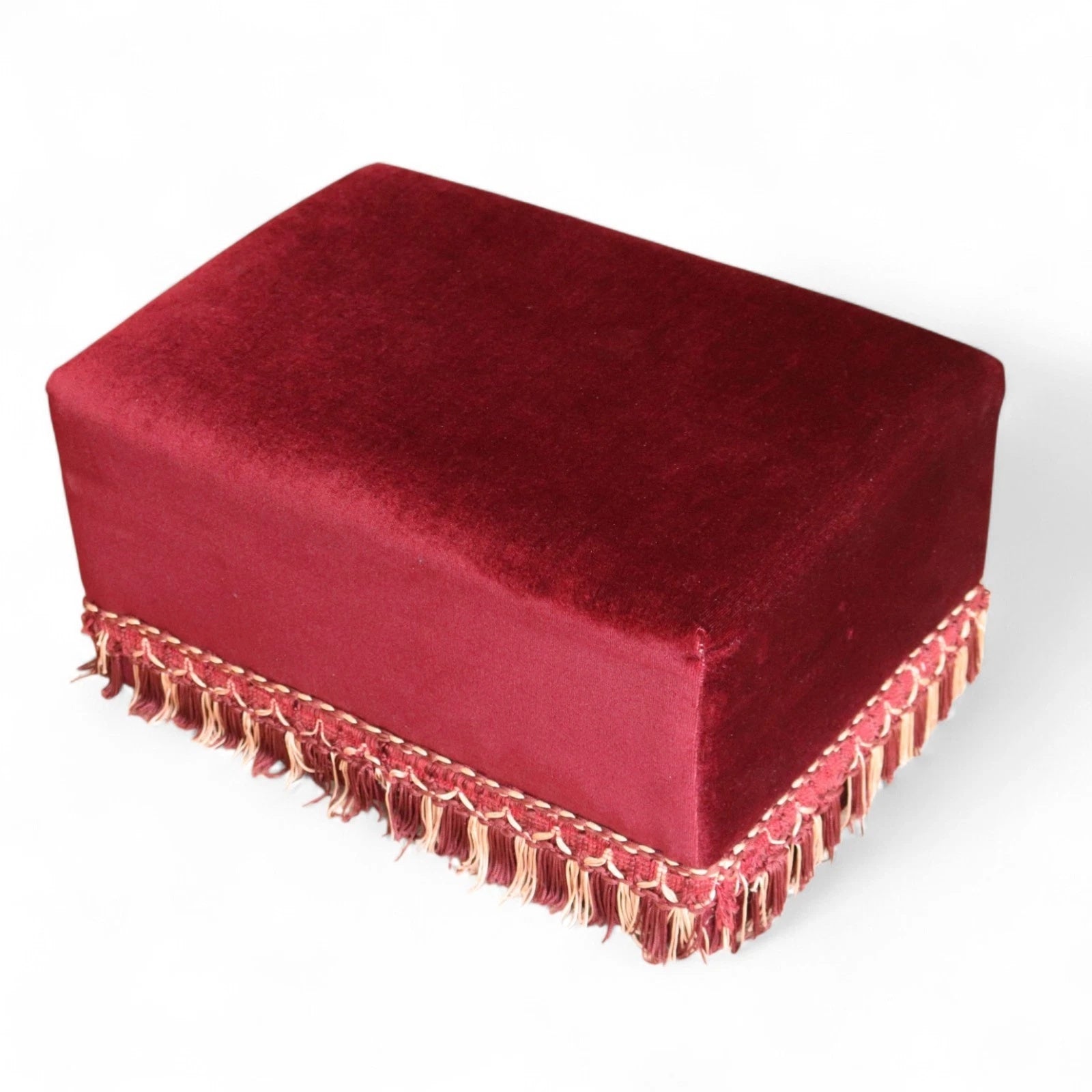 Vintage Claret Velvet Footstool Ottoman – Victorian Style Bullion Fringe Trim