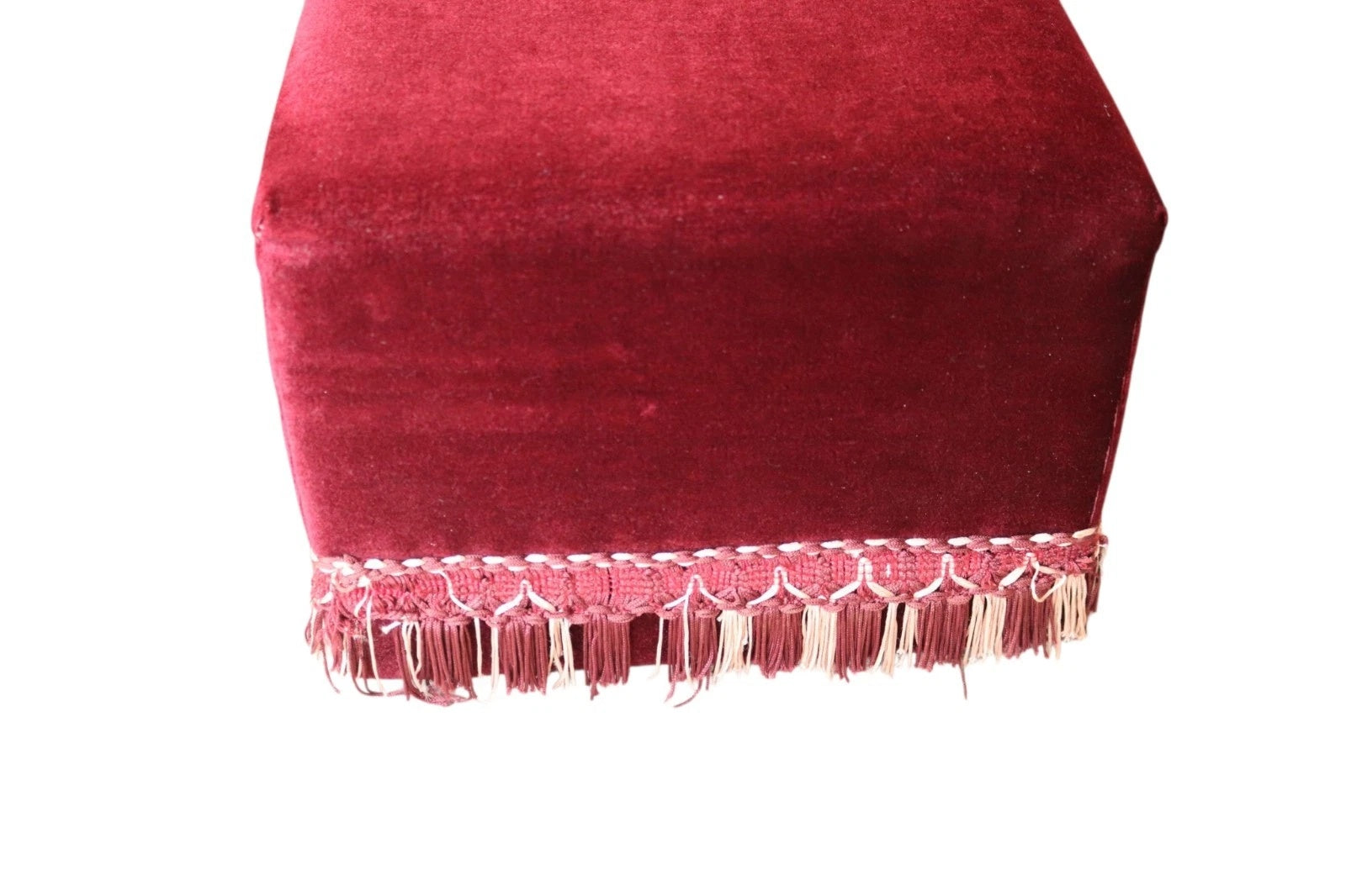 Vintage Claret Velvet Footstool Ottoman – Victorian Style Bullion Fringe Trim