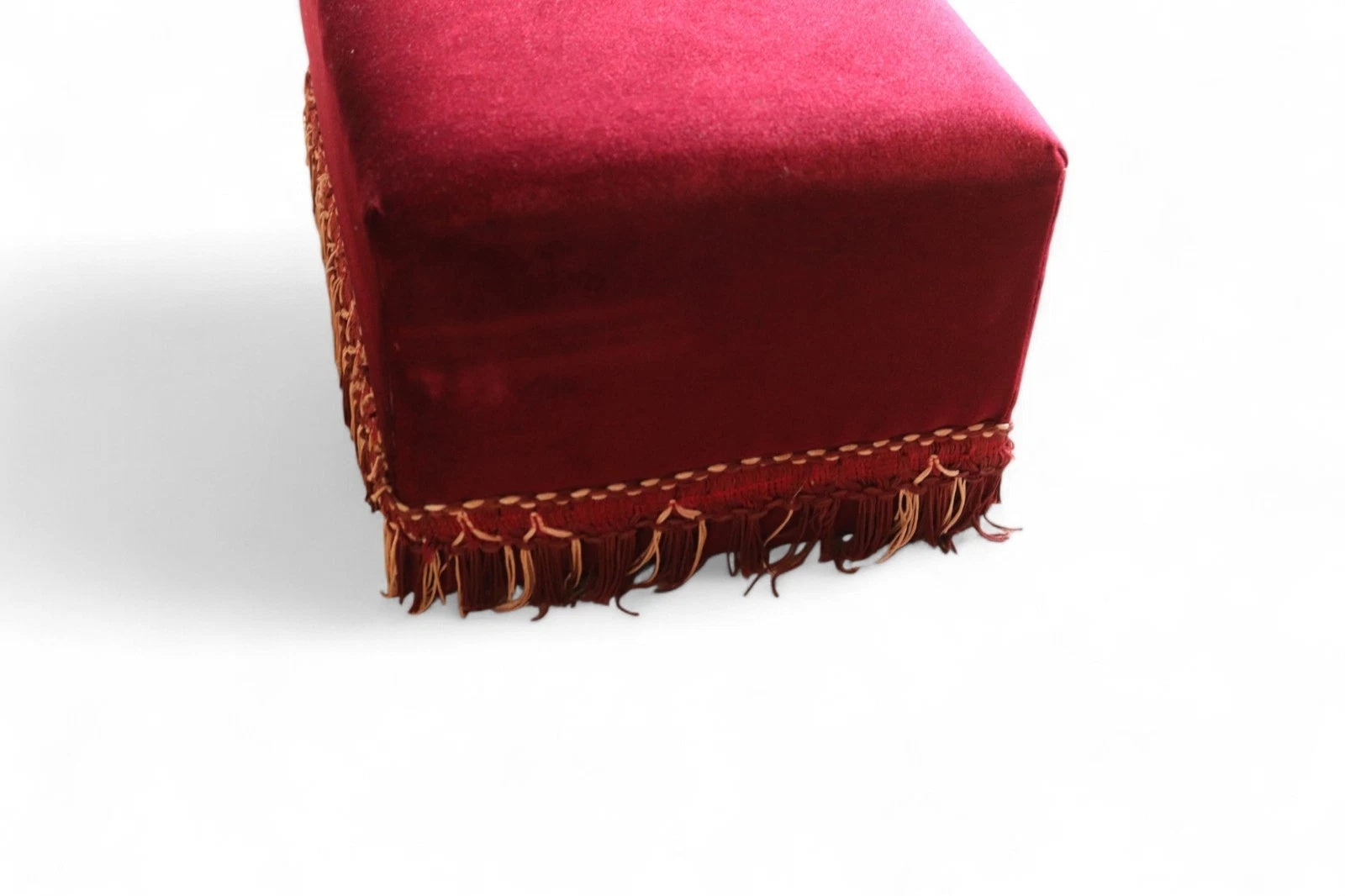 Vintage Claret Velvet Footstool Ottoman – Victorian Style Bullion Fringe Trim