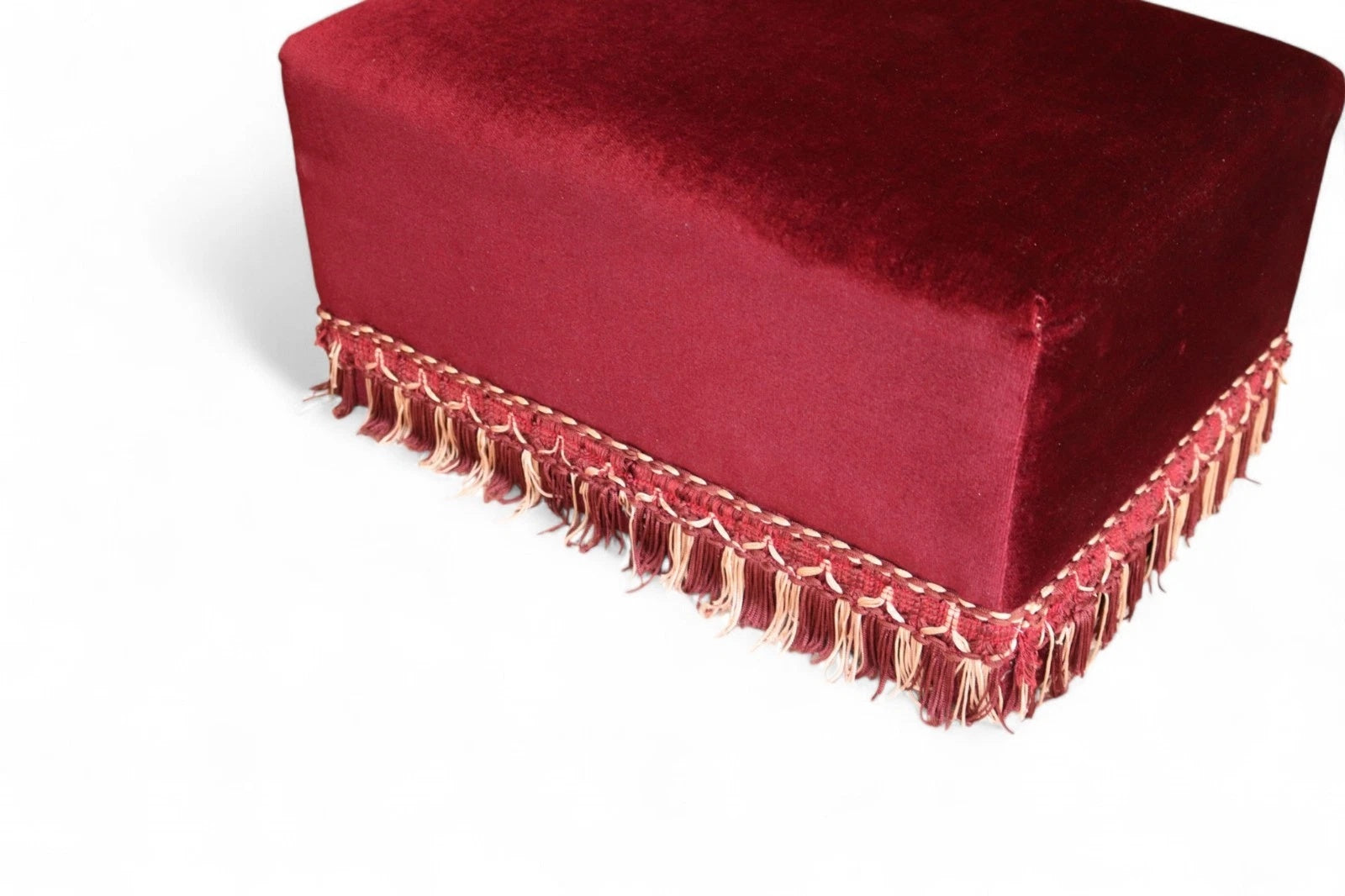 Vintage Claret Velvet Footstool Ottoman – Victorian Style Bullion Fringe Trim