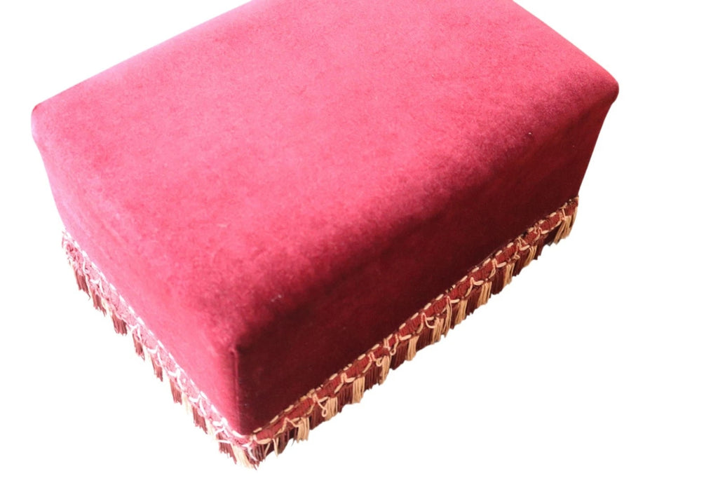 Vintage Claret Velvet Footstool Ottoman – Victorian Style Bullion Fringe Trim