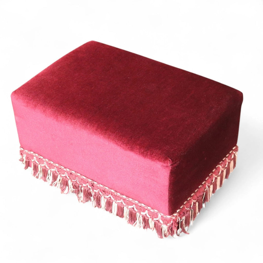 Vintage Claret Velvet Footstool Ottoman – Victorian Style Bullion Fringe Trim