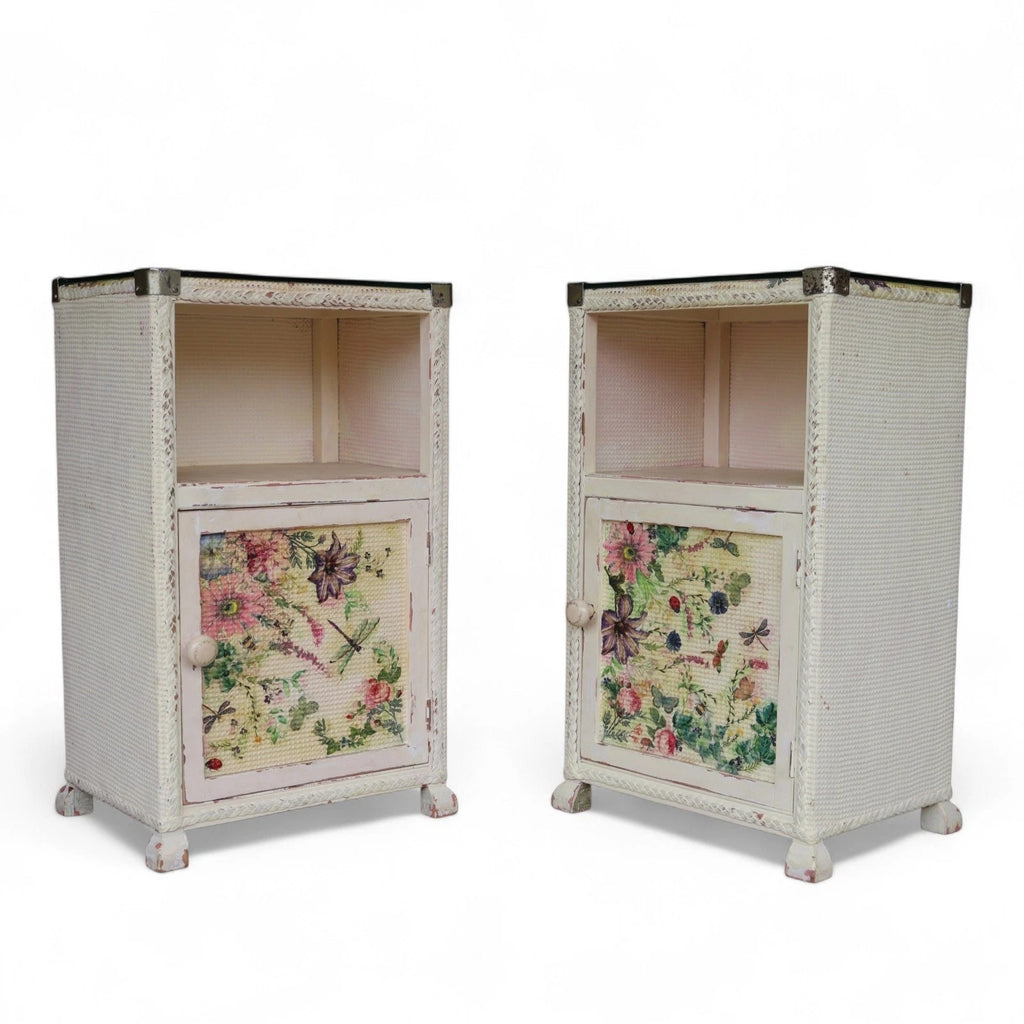 Pair of Vintage Loom Style Bedside Cabinets - Woven Fibre with Floral Panels