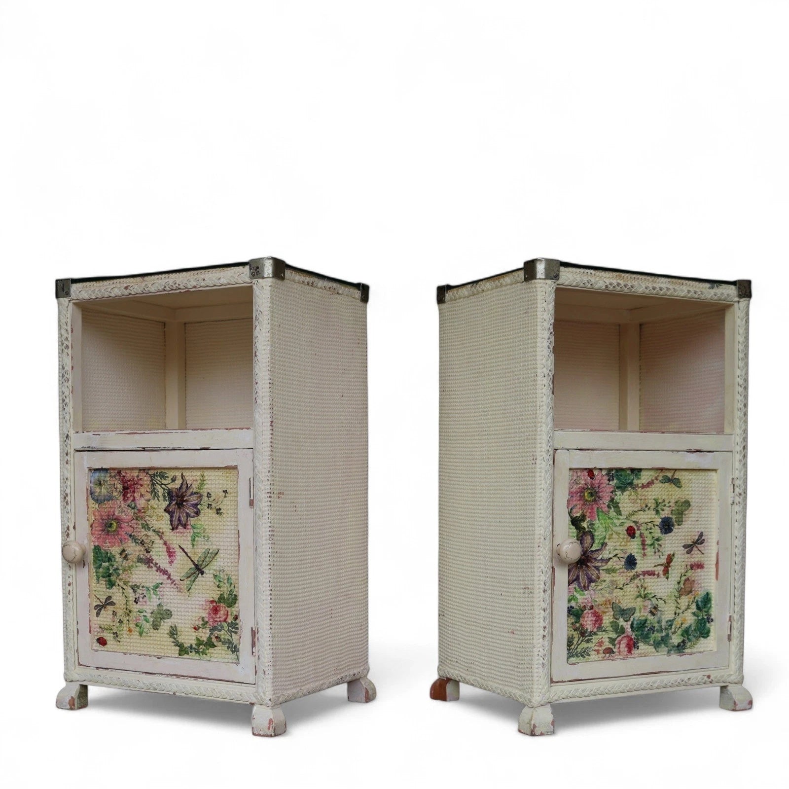 Pair of Vintage Loom Style Bedside Cabinets - Woven Fibre with Floral Panels