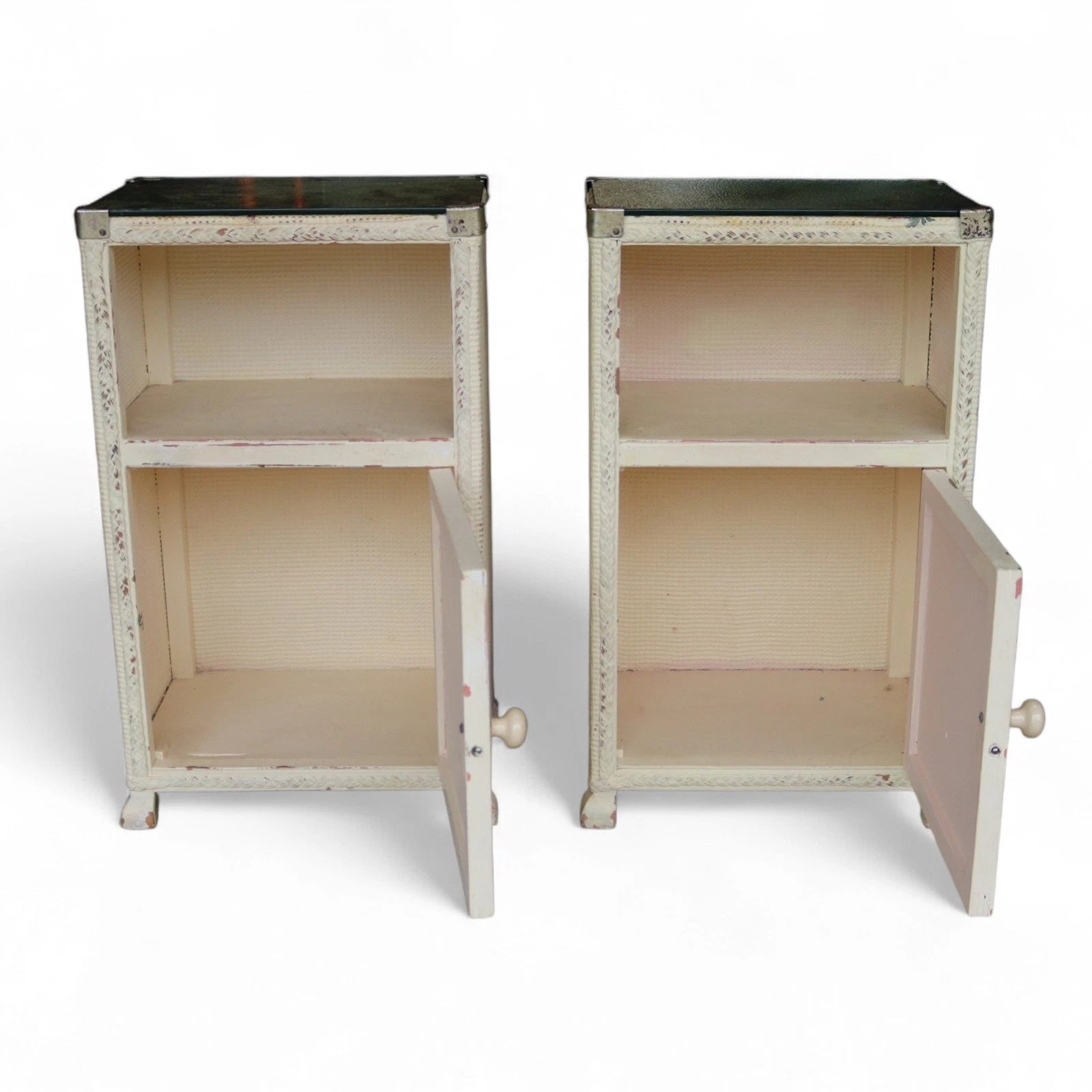 Pair of Vintage Loom Style Bedside Cabinets - Woven Fibre with Floral Panels