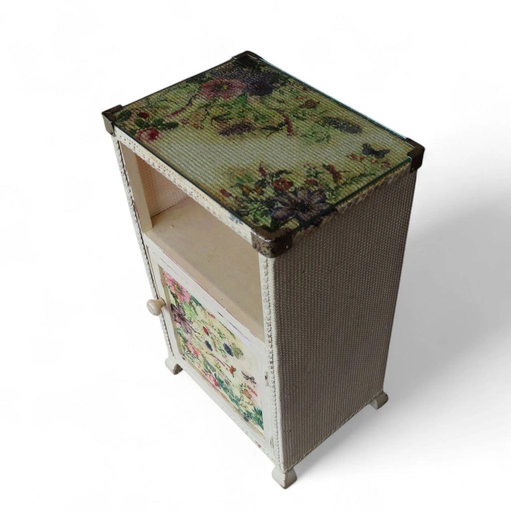 Pair of Vintage Loom Style Bedside Cabinets - Woven Fibre with Floral Panels