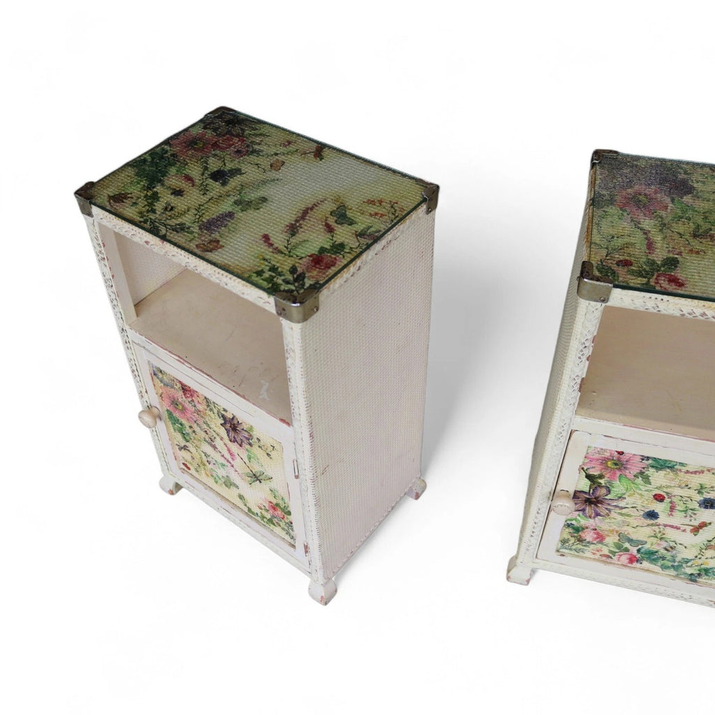 Pair of Vintage Loom Style Bedside Cabinets - Woven Fibre with Floral Panels