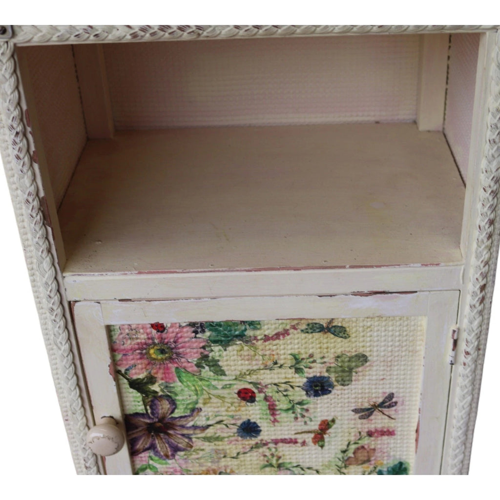 Pair of Vintage Loom Style Bedside Cabinets - Woven Fibre with Floral Panels