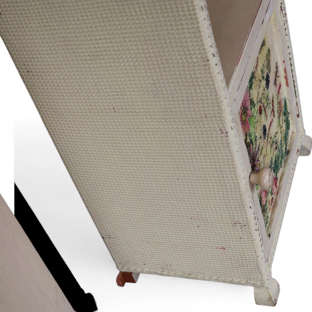 Pair of Vintage Loom Style Bedside Cabinets - Woven Fibre with Floral Panels