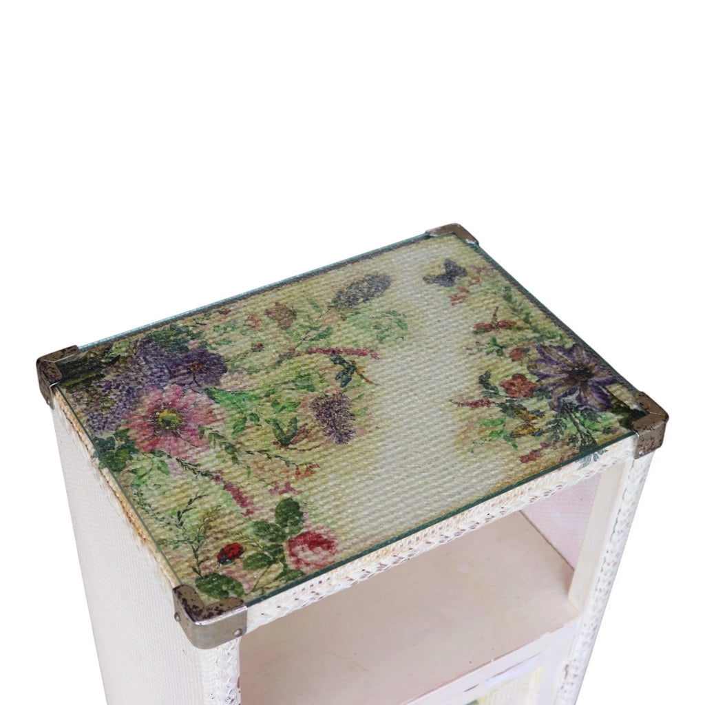 Pair of Vintage Loom Style Bedside Cabinets - Woven Fibre with Floral Panels