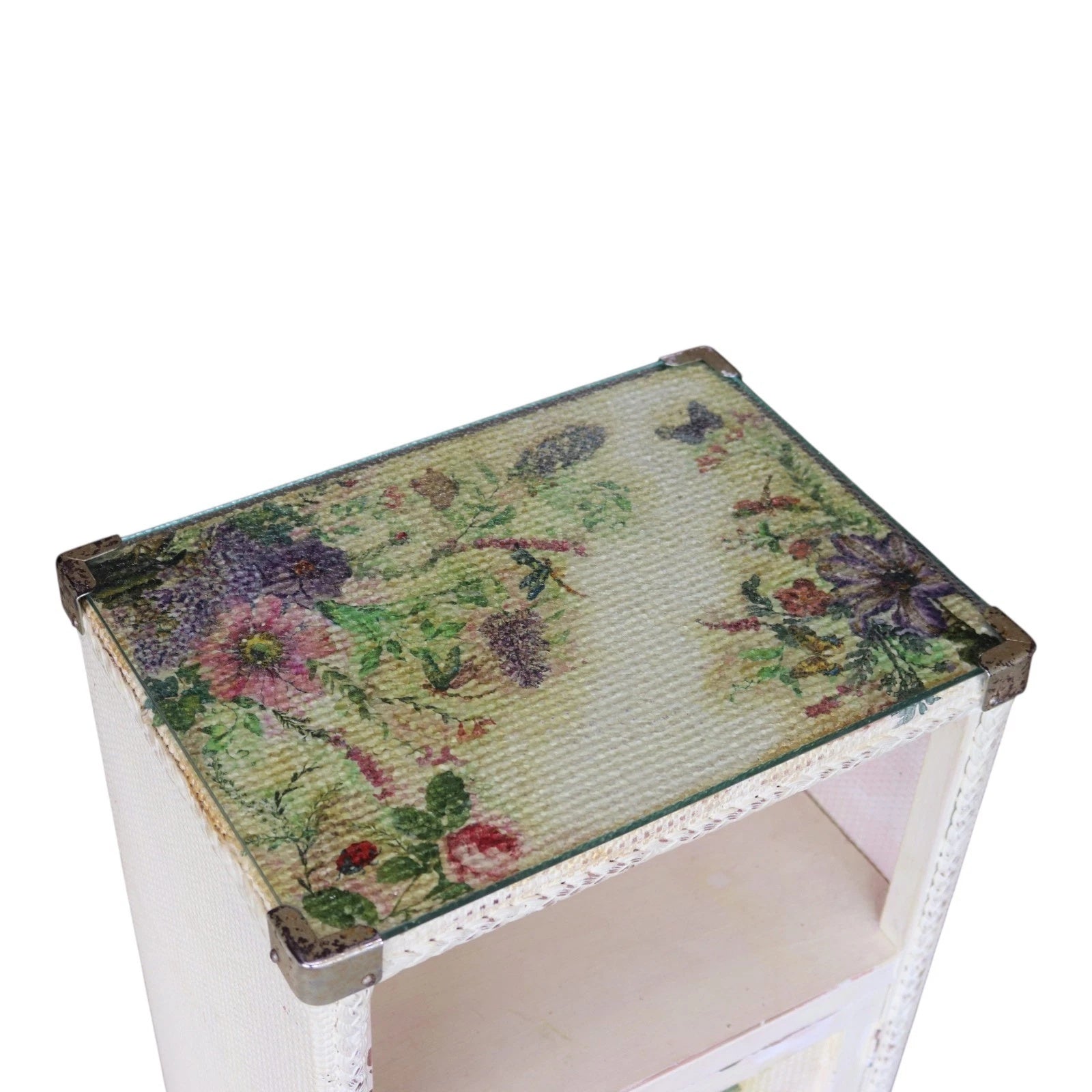 Pair of Vintage Loom Style Bedside Cabinets - Woven Fibre with Floral Panels