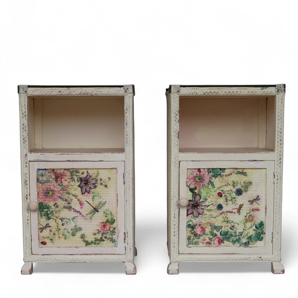 Pair of Vintage Loom Style Bedside Cabinets - Woven Fibre with Floral Panels