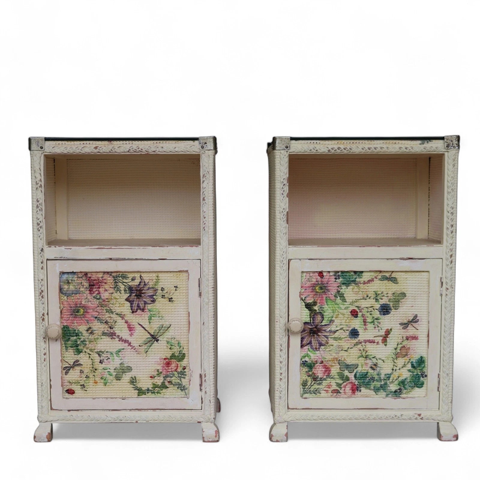 Pair of Vintage Loom Style Bedside Cabinets - Woven Fibre with Floral Panels