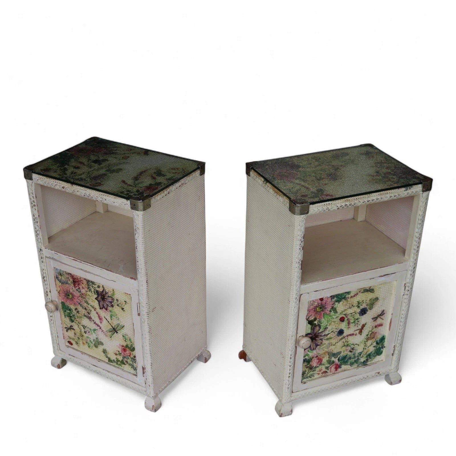 Pair of Vintage Loom Style Bedside Cabinets - Woven Fibre with Floral Panels