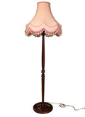 Vintage Mahogany Standard Floor Lamp With Pink Fringed Shade