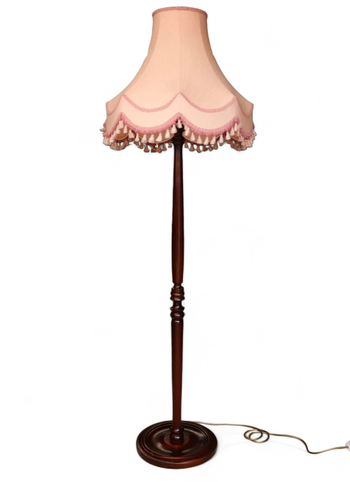 Vintage Mahogany Standard Floor Lamp With Pink Fringed Shade