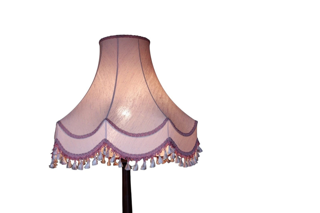 Vintage Mahogany Standard Floor Lamp With Pink Fringed Shade