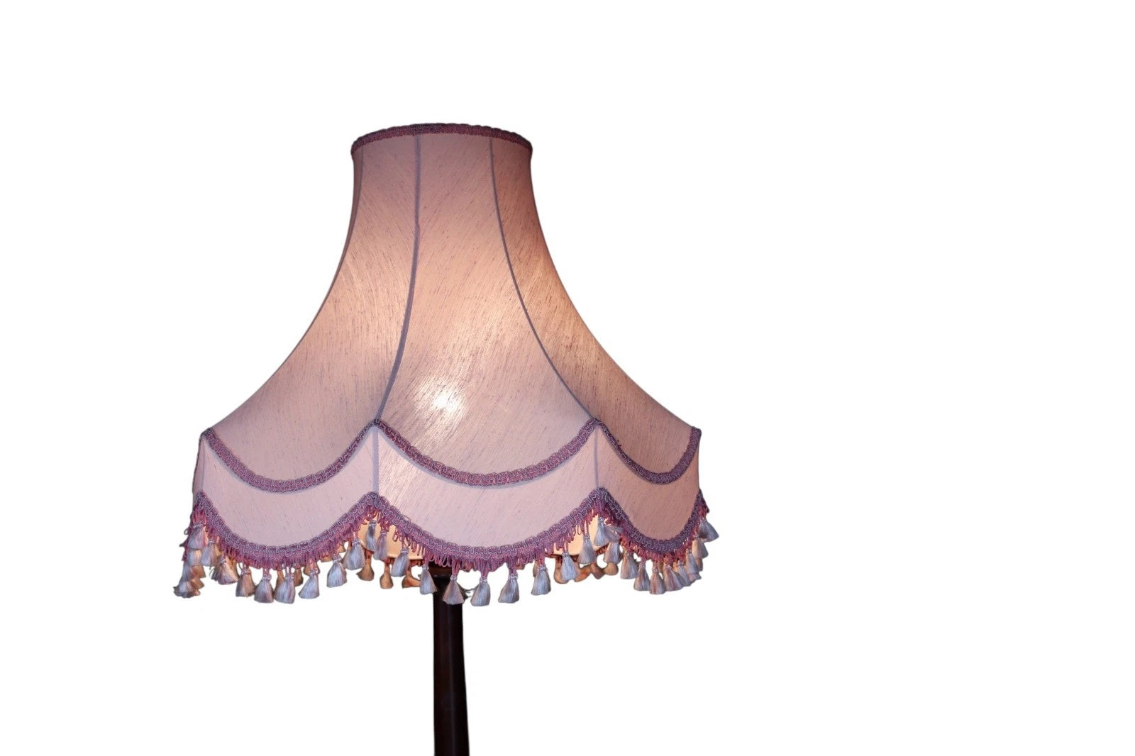 Vintage Mahogany Standard Floor Lamp With Pink Fringed Shade