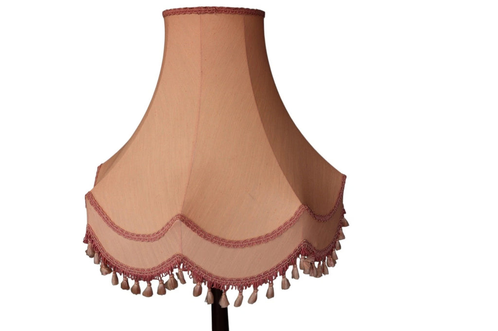 Vintage Mahogany Standard Floor Lamp With Pink Fringed Shade