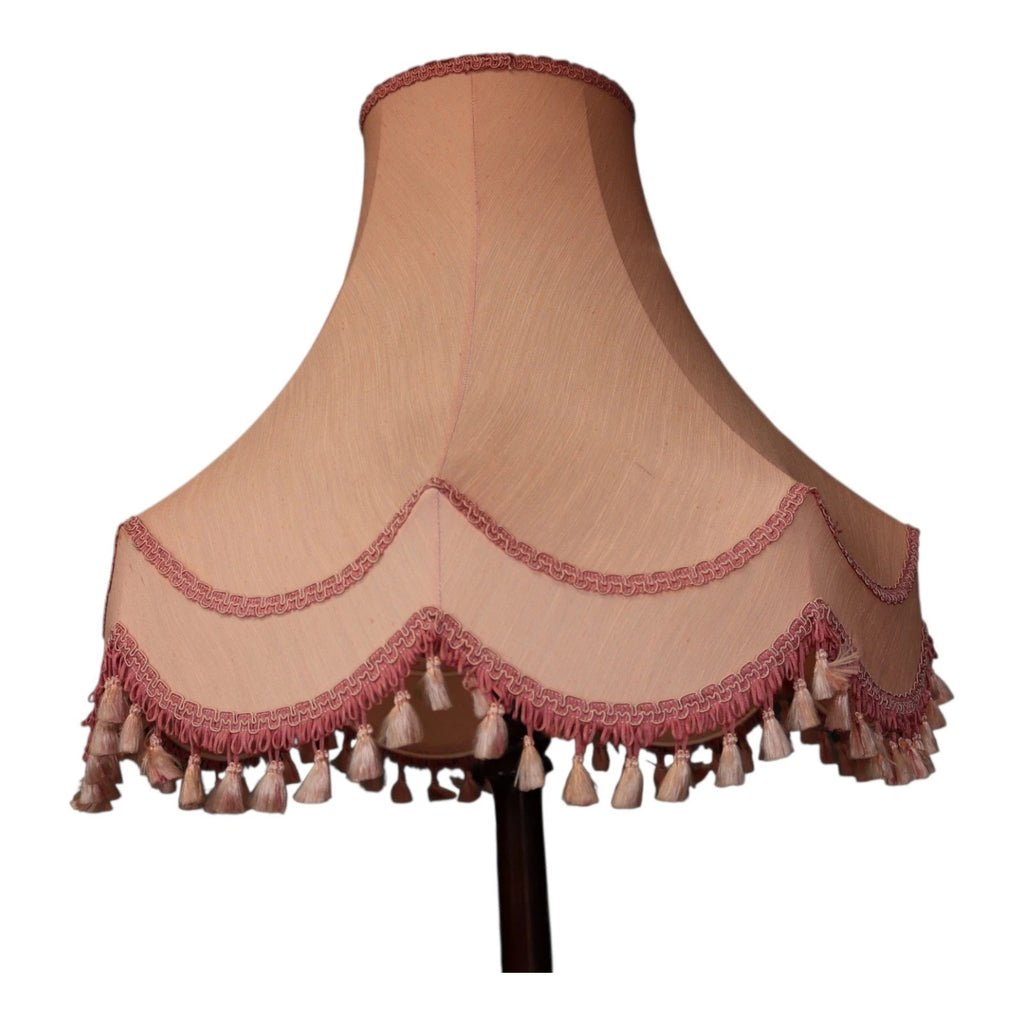 Vintage Mahogany Standard Floor Lamp With Pink Fringed Shade