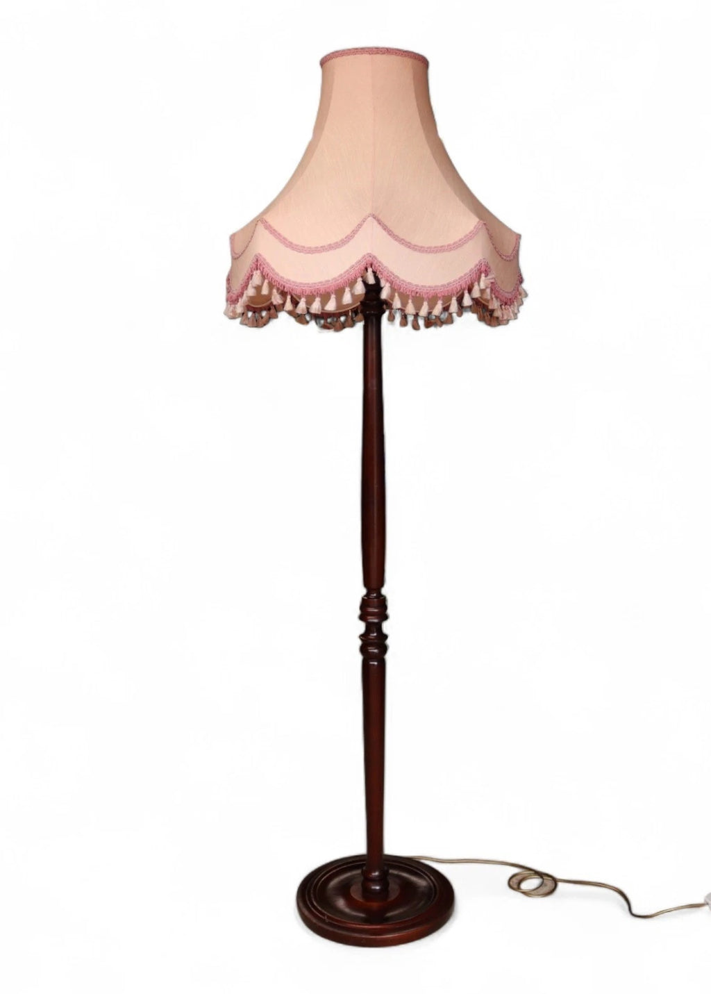 Vintage Mahogany Standard Floor Lamp With Pink Fringed Shade