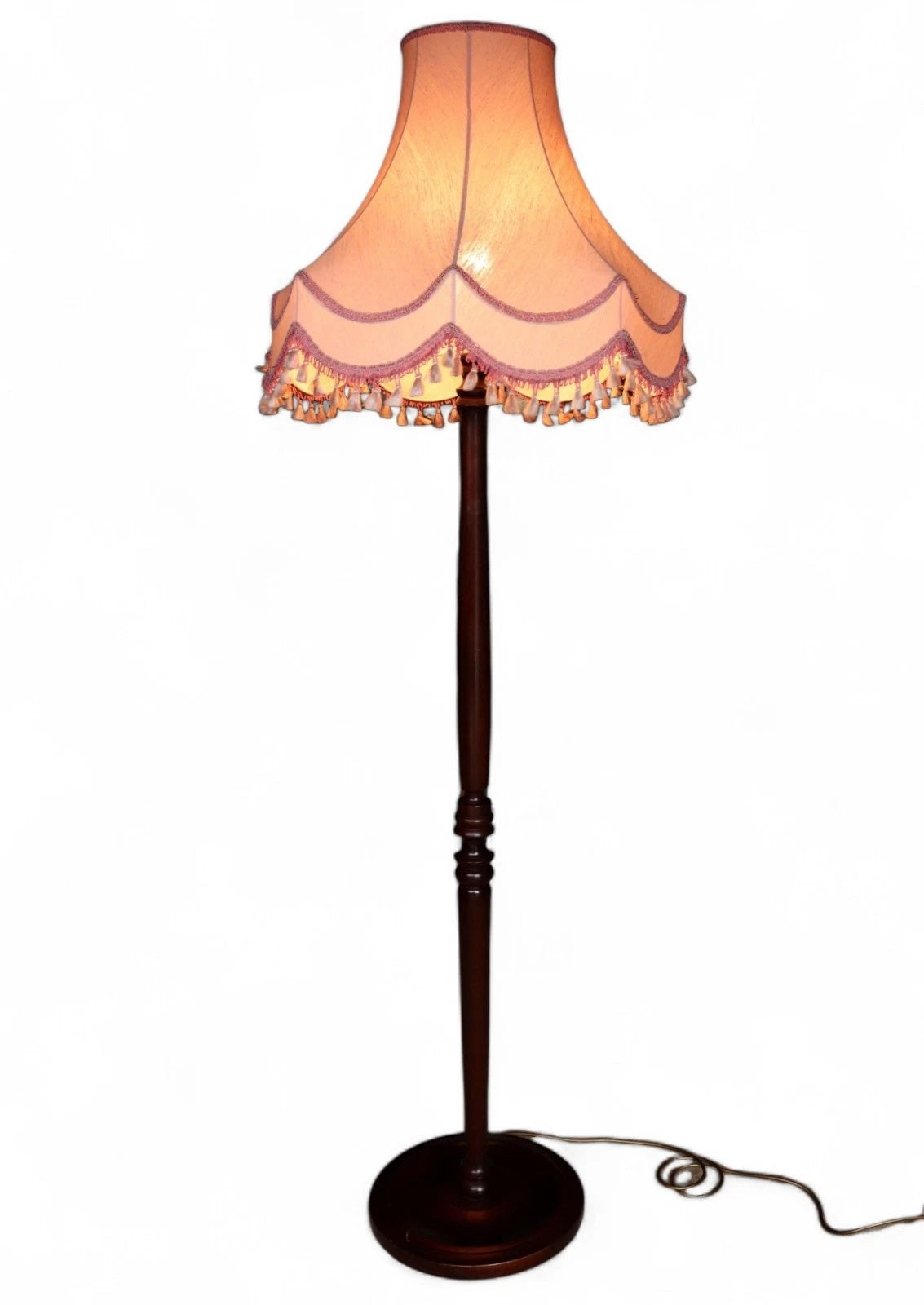Vintage Mahogany Standard Floor Lamp With Pink Fringed Shade