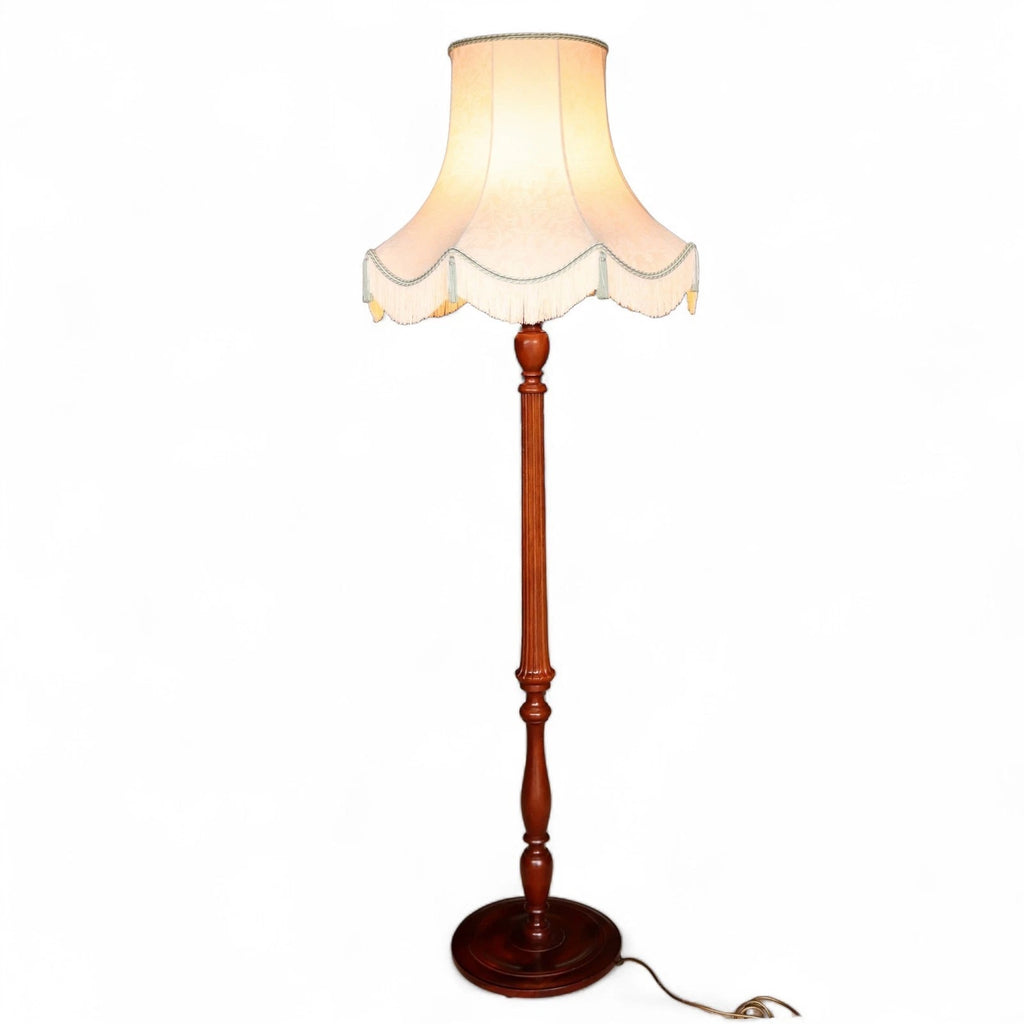Vintage Fluted Mahogany Standard Floor Lamp with Fringed Fabric Shade
