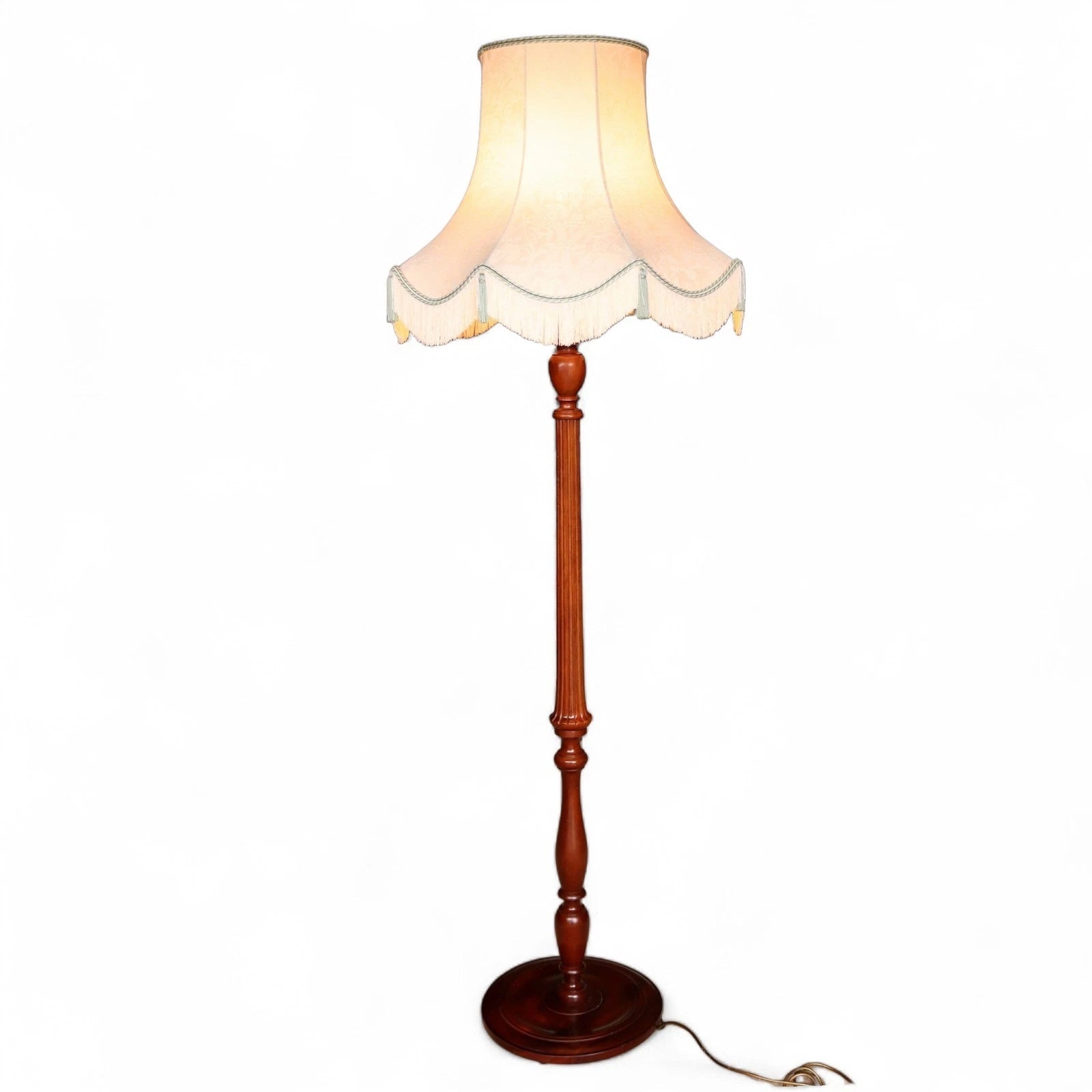 Vintage Fluted Mahogany Standard Floor Lamp with Fringed Fabric Shade