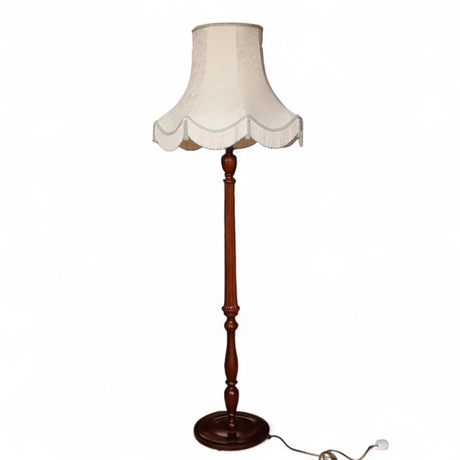 Vintage Fluted Mahogany Standard Floor Lamp with Fringed Fabric Shade