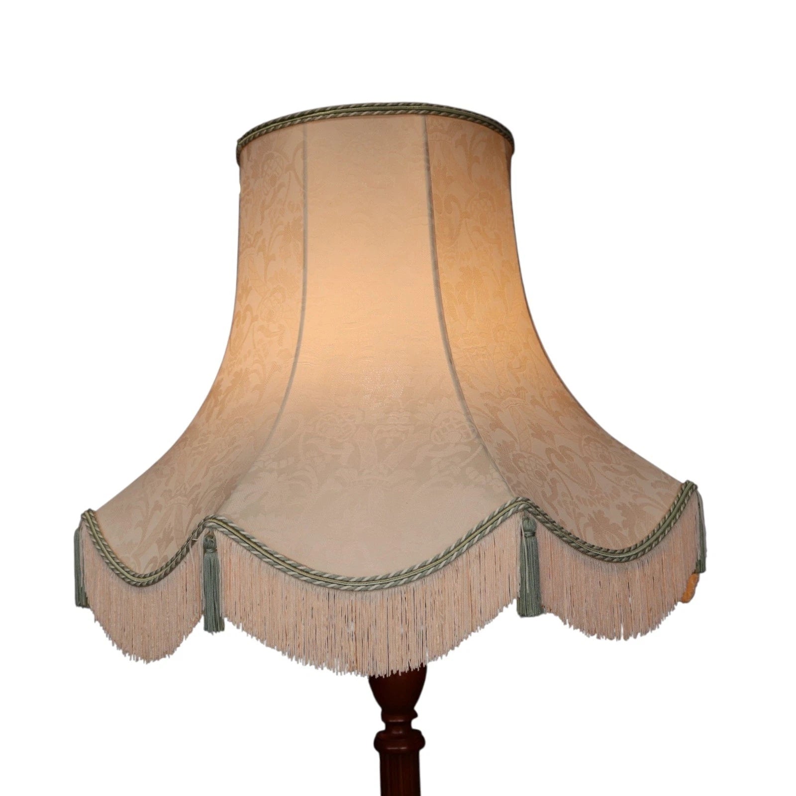 Vintage Fluted Mahogany Standard Floor Lamp with Fringed Fabric Shade