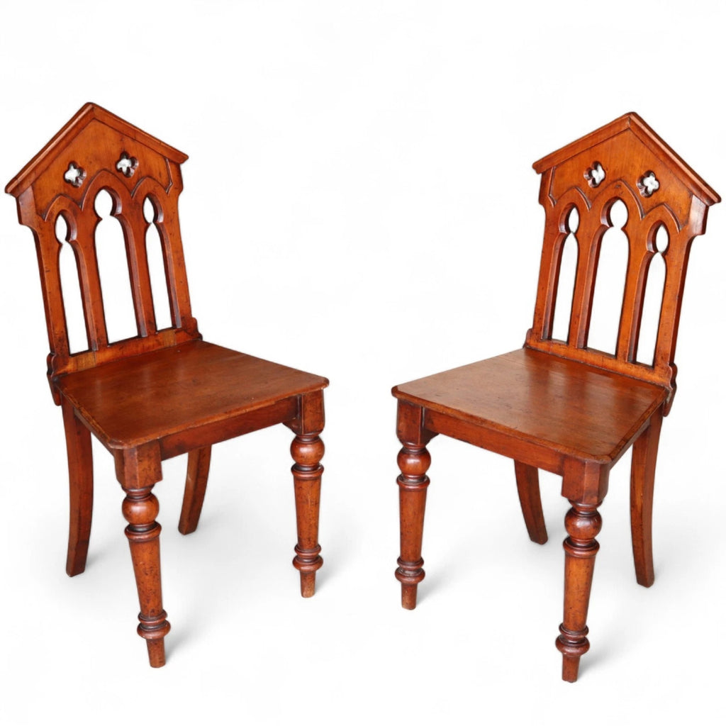 Pair Of Antique Mahogany Pugin Style Carved Gothic Steeple Back Hall Chairs